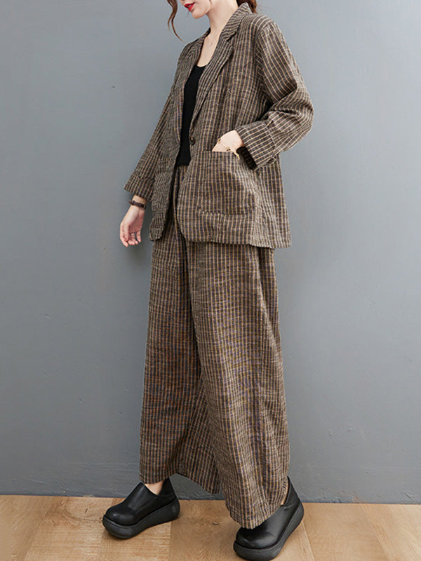 Vintage Ramie Cotton Notched Collar One Button Suits+Column Pants 2 Pieces Set