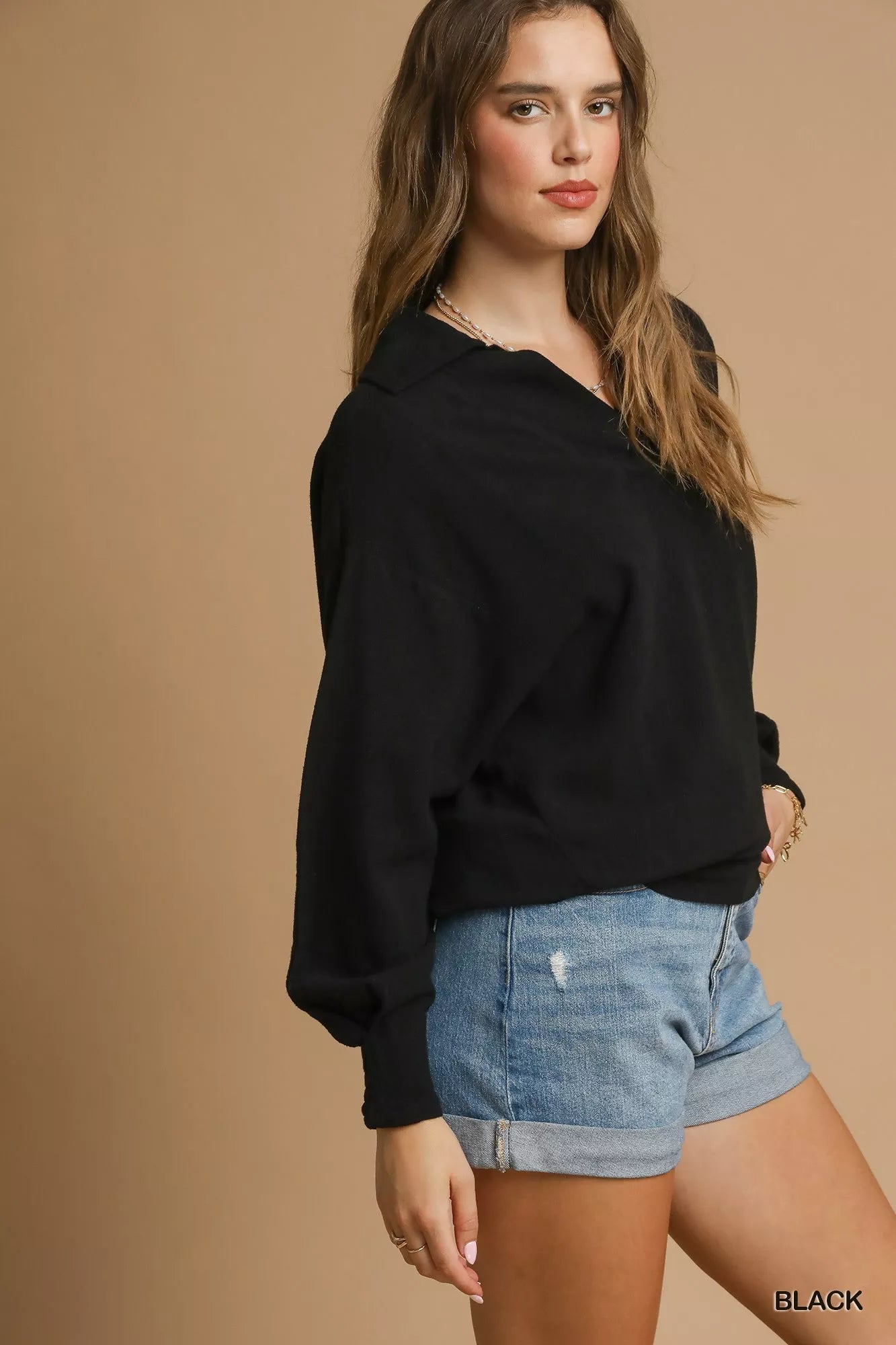 Linen Long Sleeves Elastic Hem Blouse