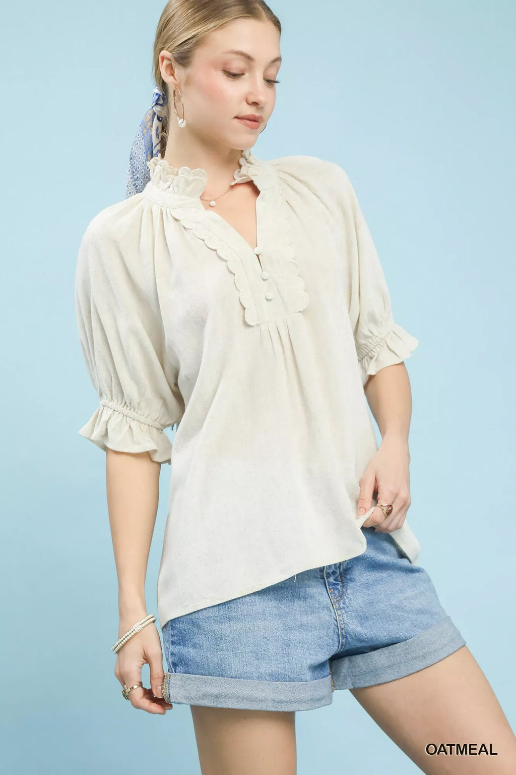 Linen Scalloped Ruffle Neck Blouse