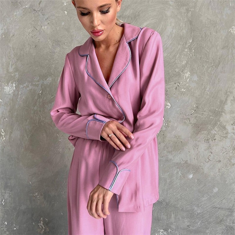 Long Sleeve Lapel Single Breasted Top and Pants Loose Two-Piece Suit Pajama Set