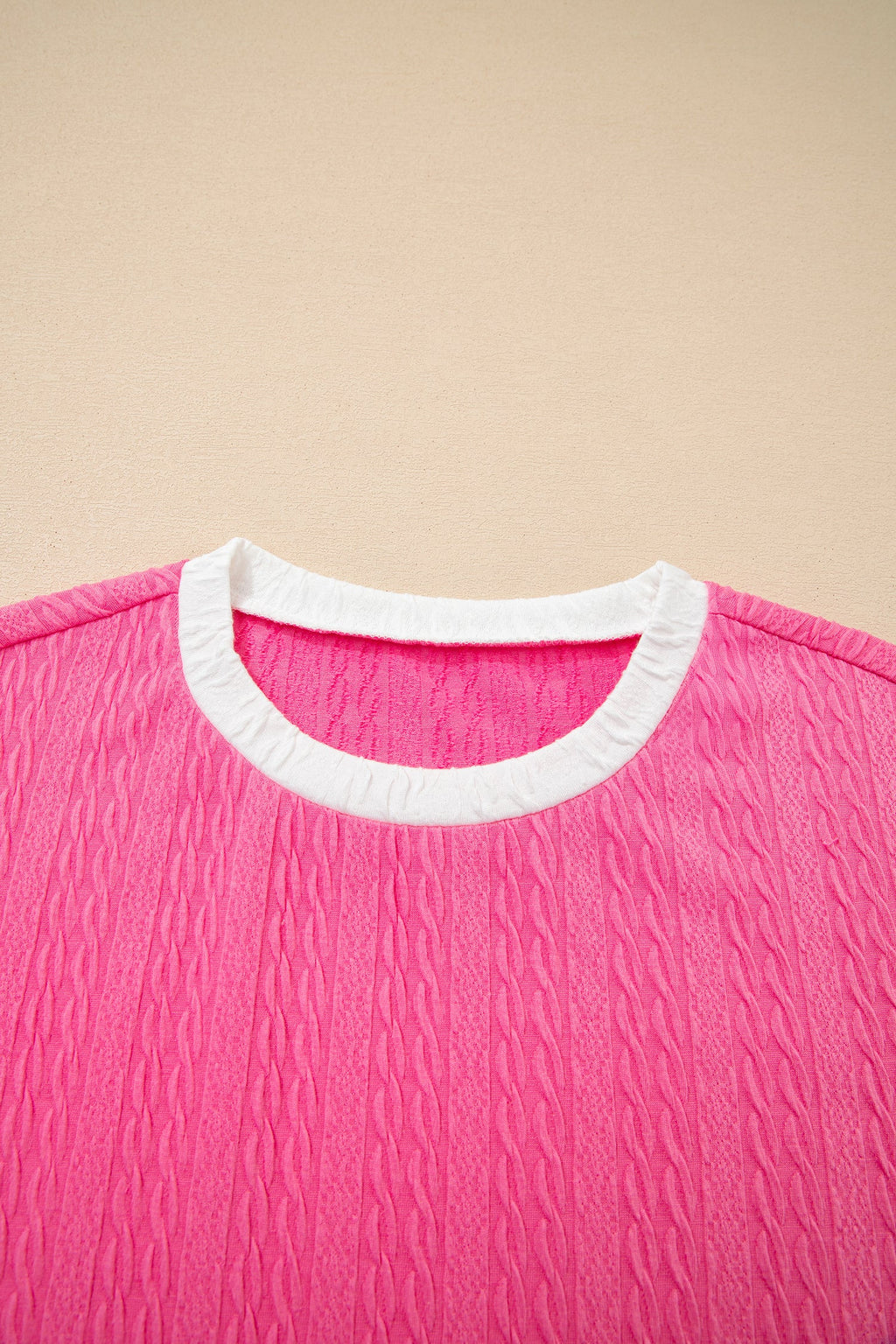 Bright Pink Textured Color Block Trim Loose Tee Drawstring Shorts 2pcs Set