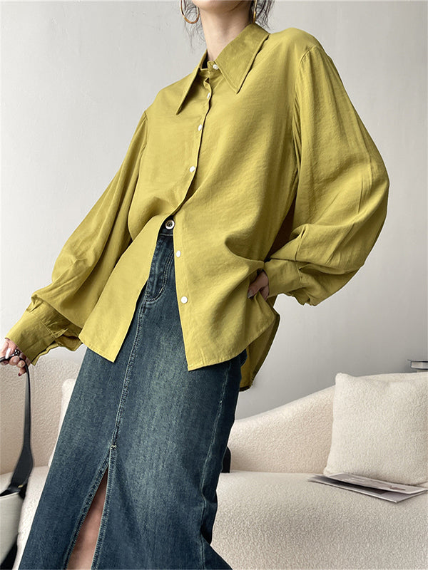 Loose Puff Sleeves Pleated Split-Joint Sun Protection Lapel Blouses