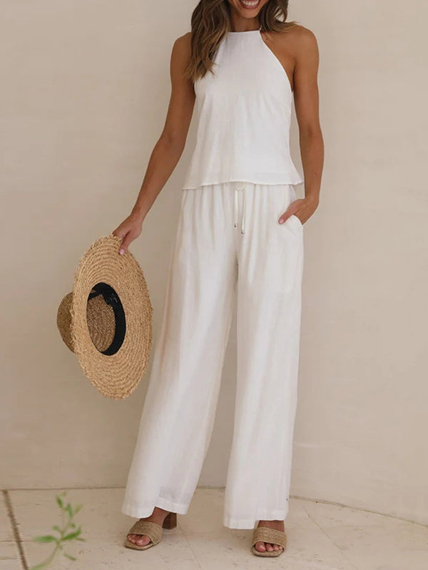 High Waisted Loose Drawstring Elasticity Solid Color Split-Joint Pants Trousers