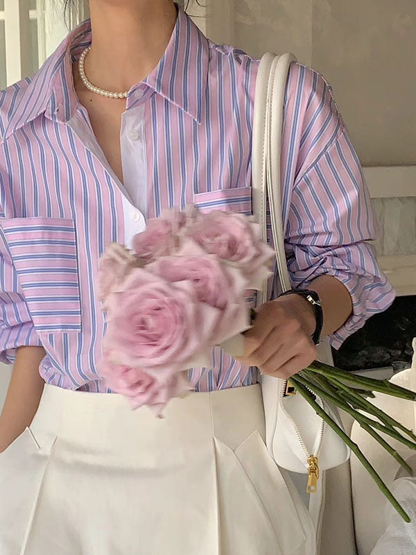 Long Sleeves Loose Buttoned Contrast Color Pockets Striped Lapel Blouses&Shirts Tops