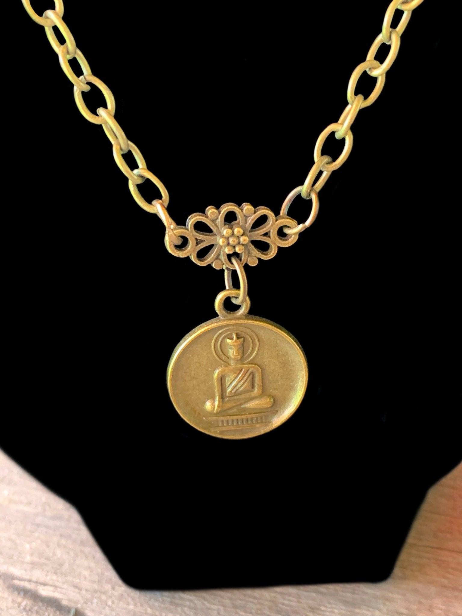 Buddha/ Manji Handmade Coin Antique Bronze 31" Chain Necklace
