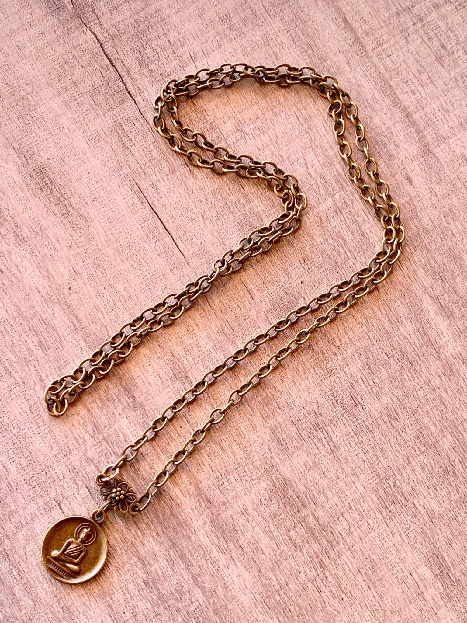 Buddha/ Manji Handmade Coin Antique Bronze 31" Chain Necklace