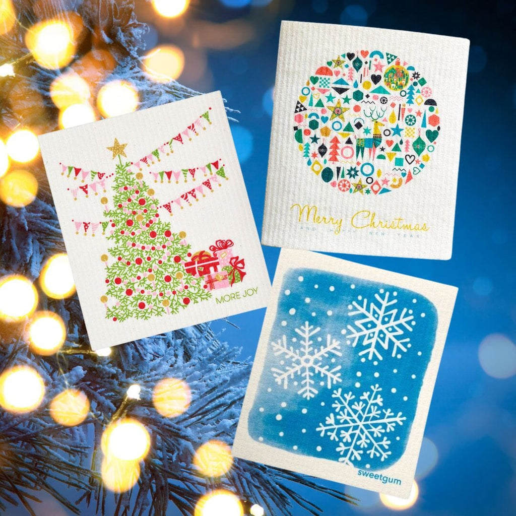 Bundle of 3 Swedish Dishcloths | Christmas Tree, Ornament & Snowflakes