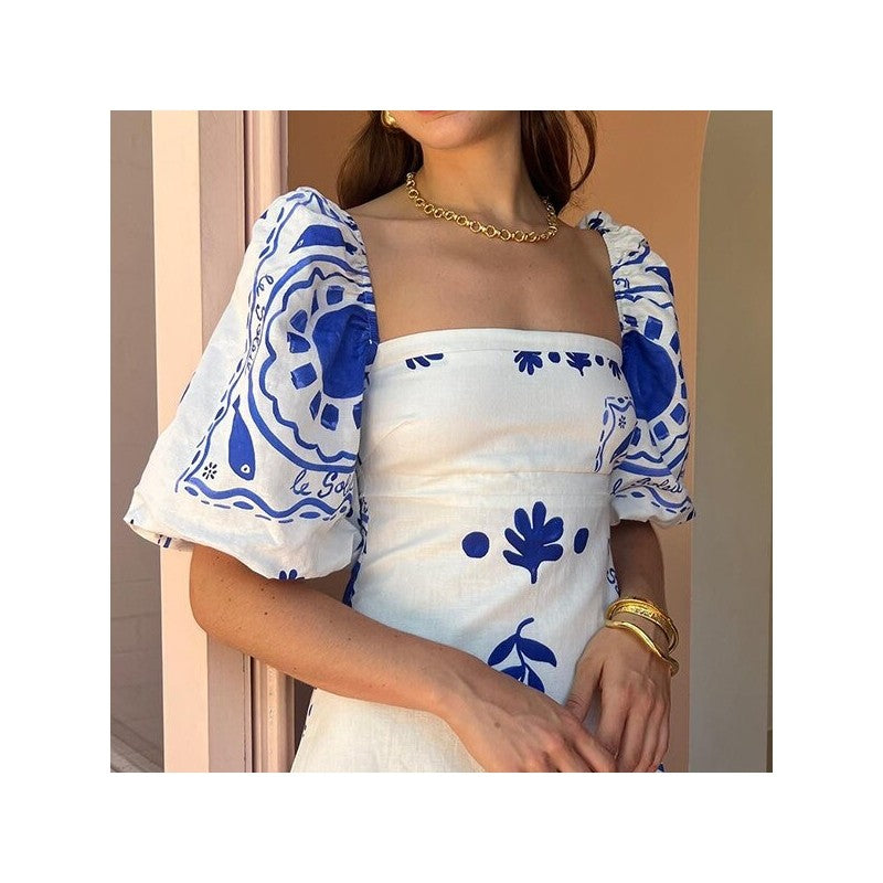 Flowy Printed Lantern Sleeve Swing Dress