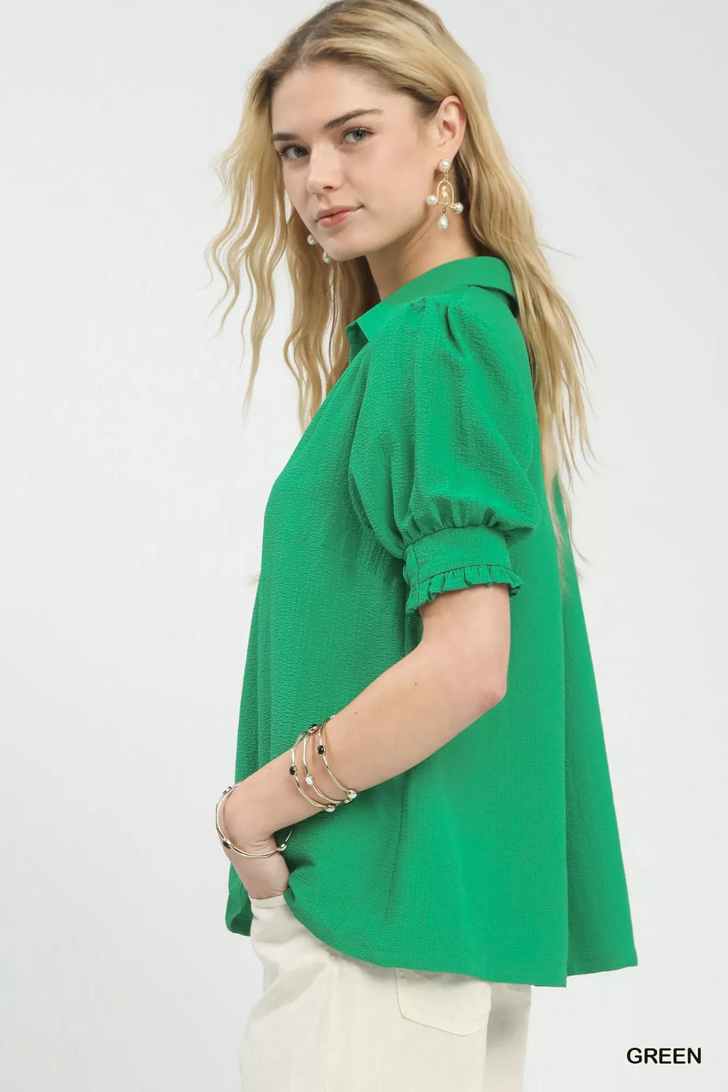 Seersucker Puff Sleeve Blouse