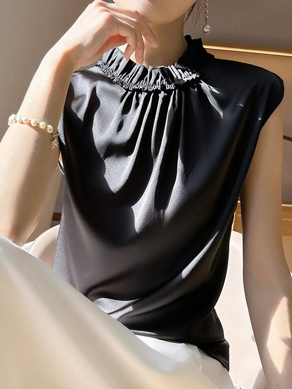 Loose Sleeveless Pleated Ruffle Trim Solid Color Stand Collar Vest Top