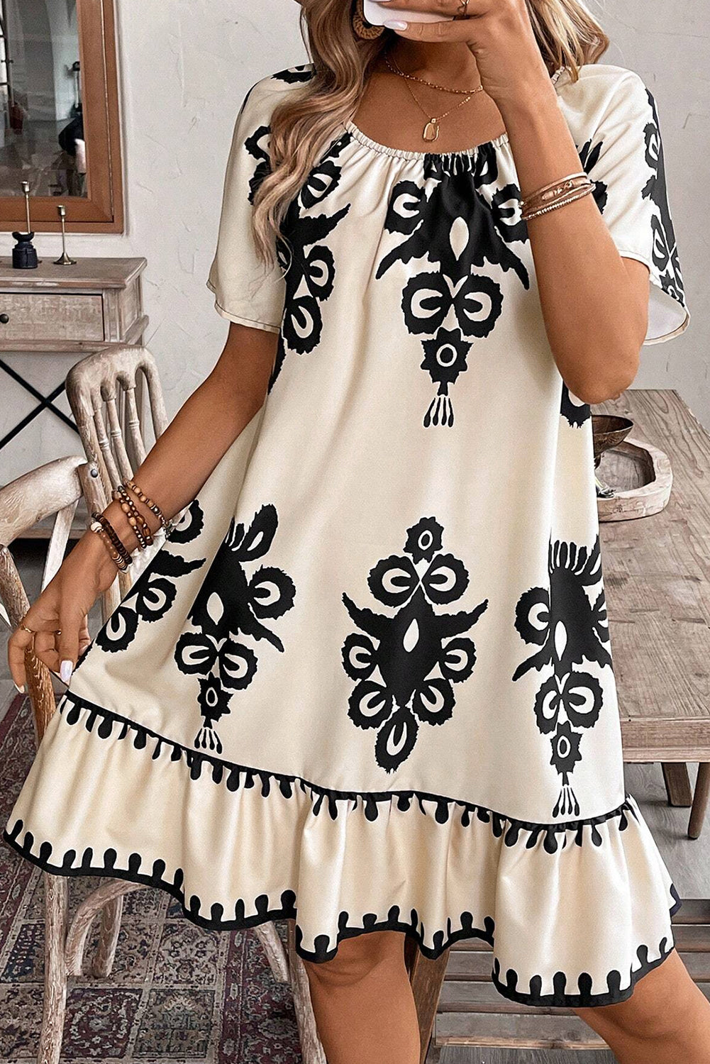 Print Ruffled Short Sleeve Loose Dress