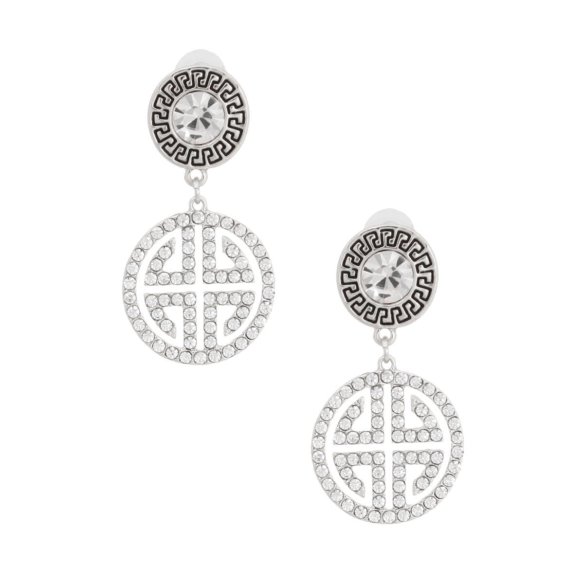 Round Silver Crystal Greek Key Earrings Stylish Statement Jewelry