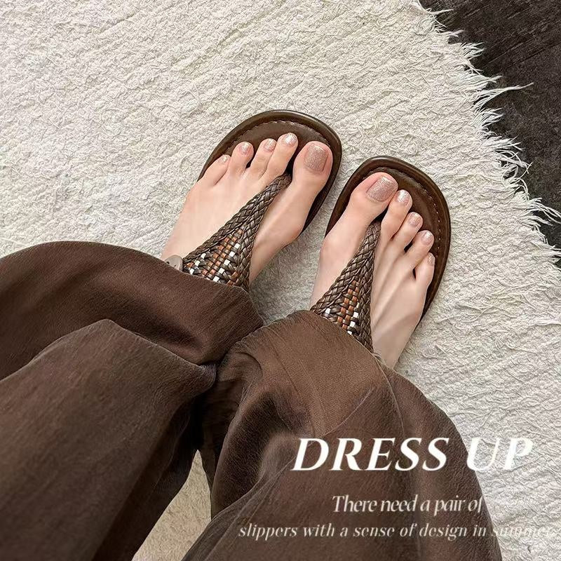 Women's Handwoven Cowhide Thong Sandals | Full-Grain Leather Ankle Buckle Flat Shoes