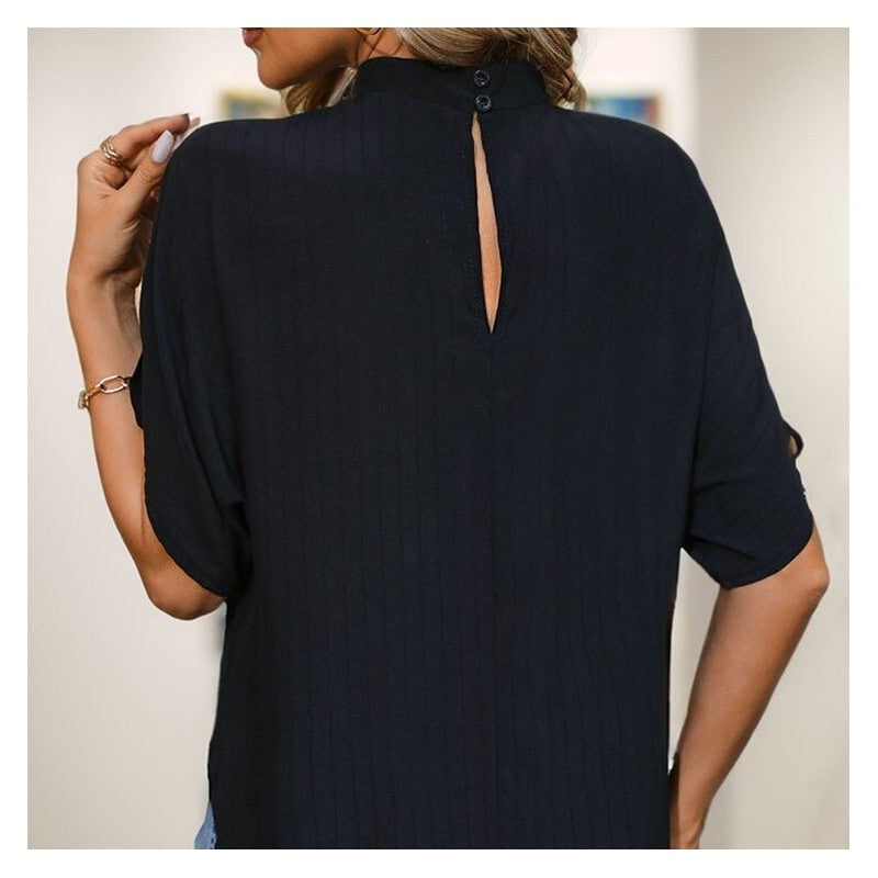 Chic Stand Collar Batwing Sleeve Black Blouse