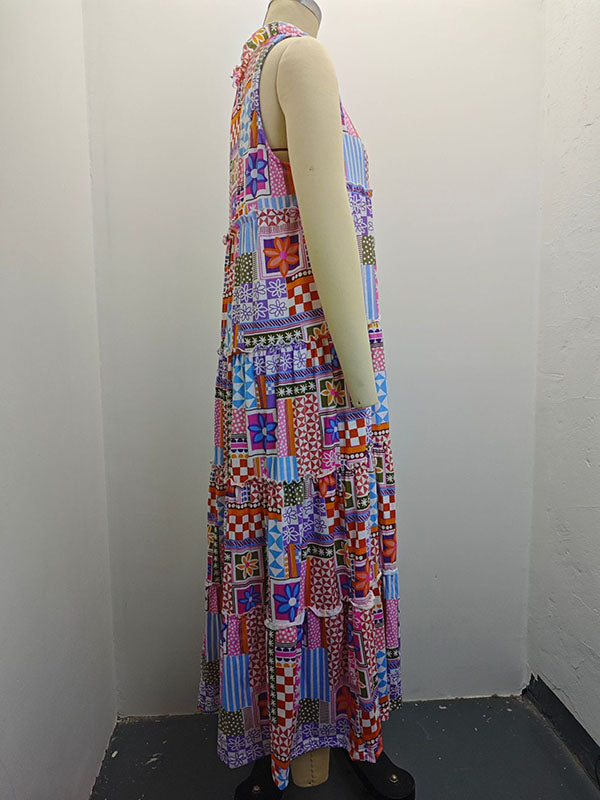 Loose Sleeveless Contrast Color Flower Print Plaid Printed Round-Neck Maxi Dresses