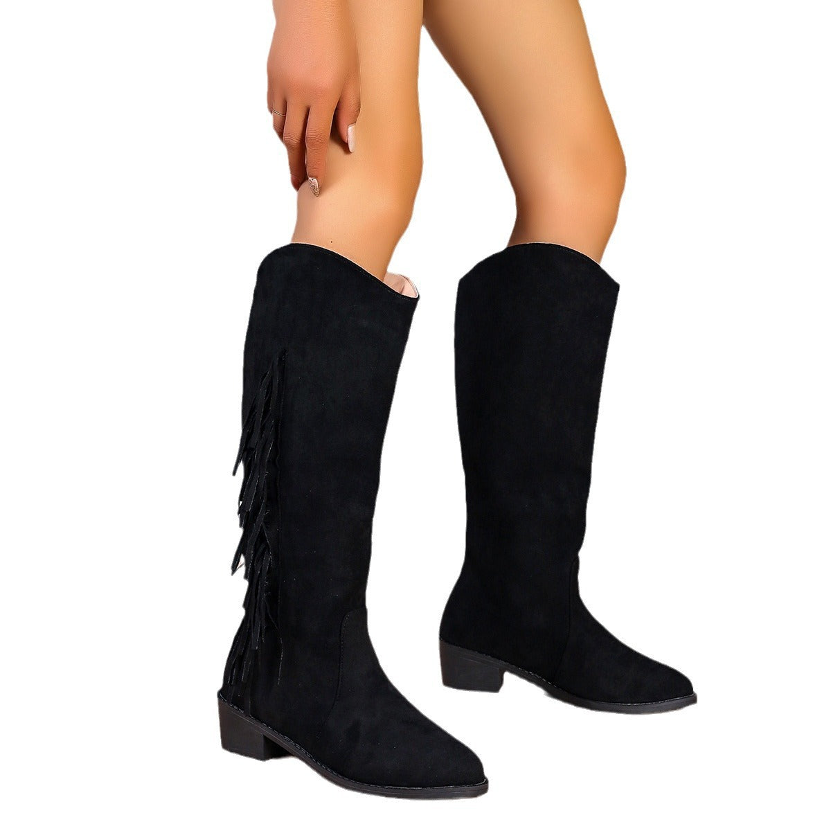 Women's Pointed-Toe Low-Heel Suede Long Boots – Slip-On Tassel Ankle Boots