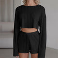 Solid Color Knit Crewneck Long Sleeve Crop Top and Shorts Set - Loungewear