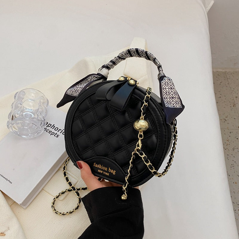 Small Round Embroidered Crossbody Bag for Women – Diamond Pattern PU Leather