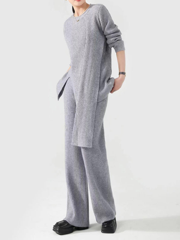 Loose Asymmetric Solid Color Split-Front Round-Neck Long Sleeves Sweater Top   Pants Bottom Two Pieces Set