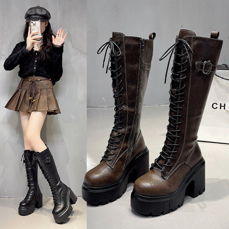 Women's Lace-Up Over-the-Knee Boots - High Heel Chunky Heel Round Toe Side Zipper