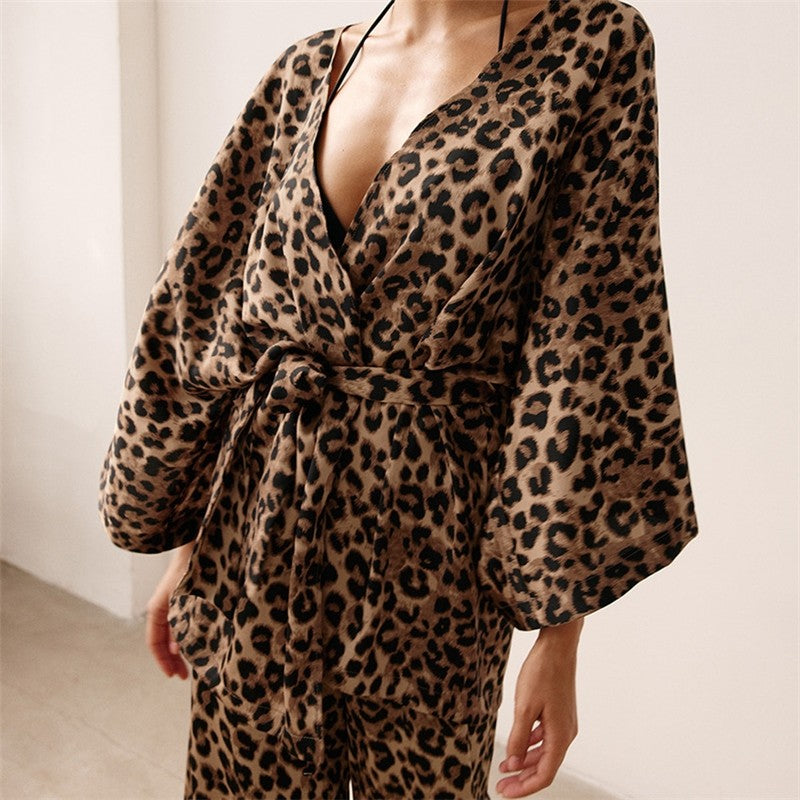 Leopard Print Tie-Waist Robe and Pants Ensemble