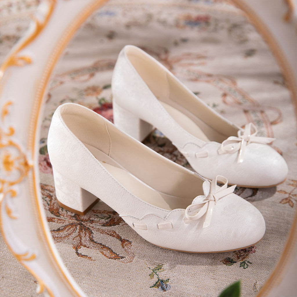 Women's Satin Bow Block Heel Pumps | Ivory Jacquard Slip-On Heels