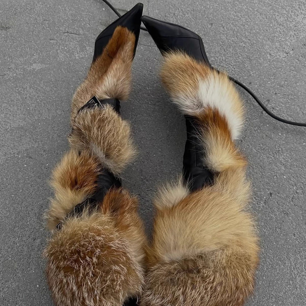 Women's Fluffy Stiletto Thigh-High Boots | Pigskin Slip-On Pointed-Toe Heels
