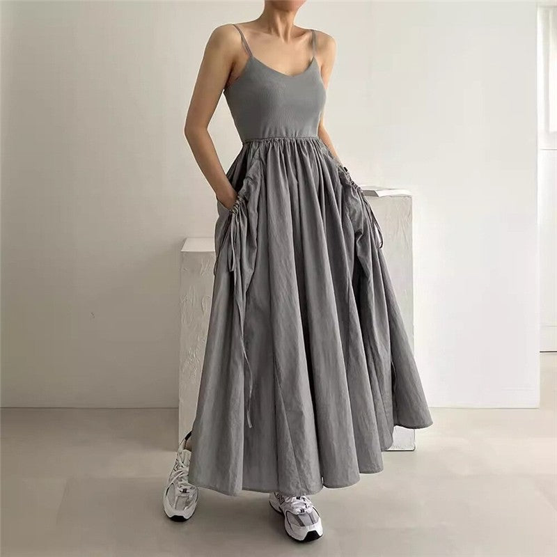Solid Color U-Neck Backless Pleated Waistband Sling Dress

Suggested Optimized Title: "Chic