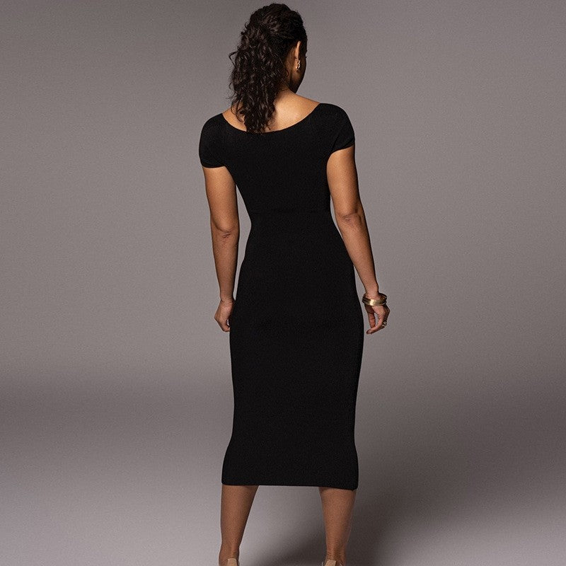 Ribbed Maxi Dress in Solid Color and Slim Fit