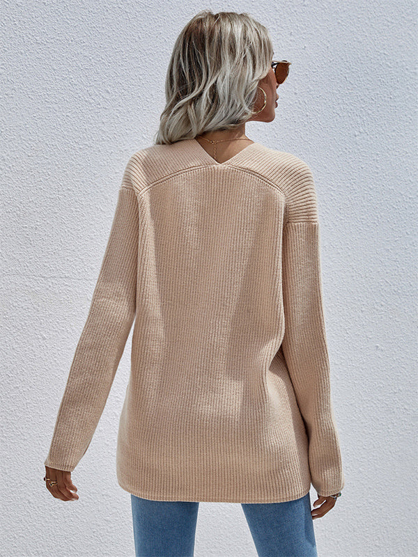 Casual Loose Solid Color V-Neck Sweater Tops