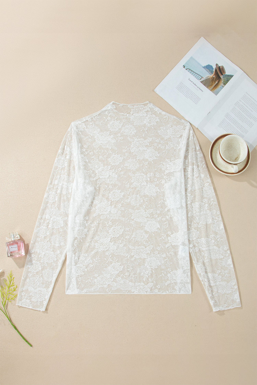 White Plus Size Floral Mesh Long Sleeve Top