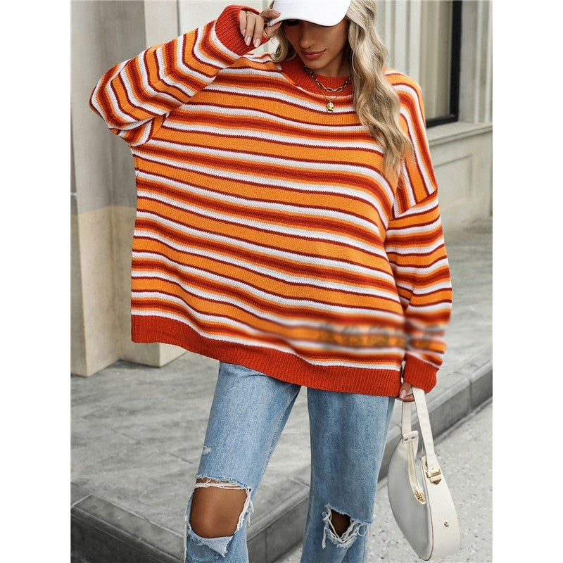 Long Sleeve Crewneck Contrast Color Striped Casual Loose Knitted Sweater
