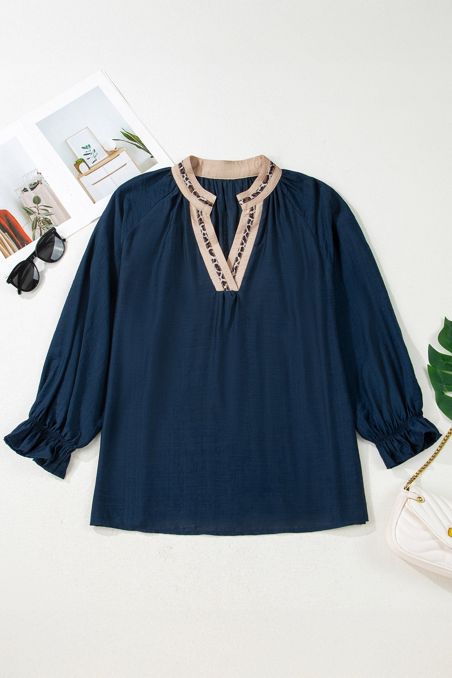 Navy Blue Contrast Leopard Patchwork Collar Plus Size Long Flounce Sleeve Blouse