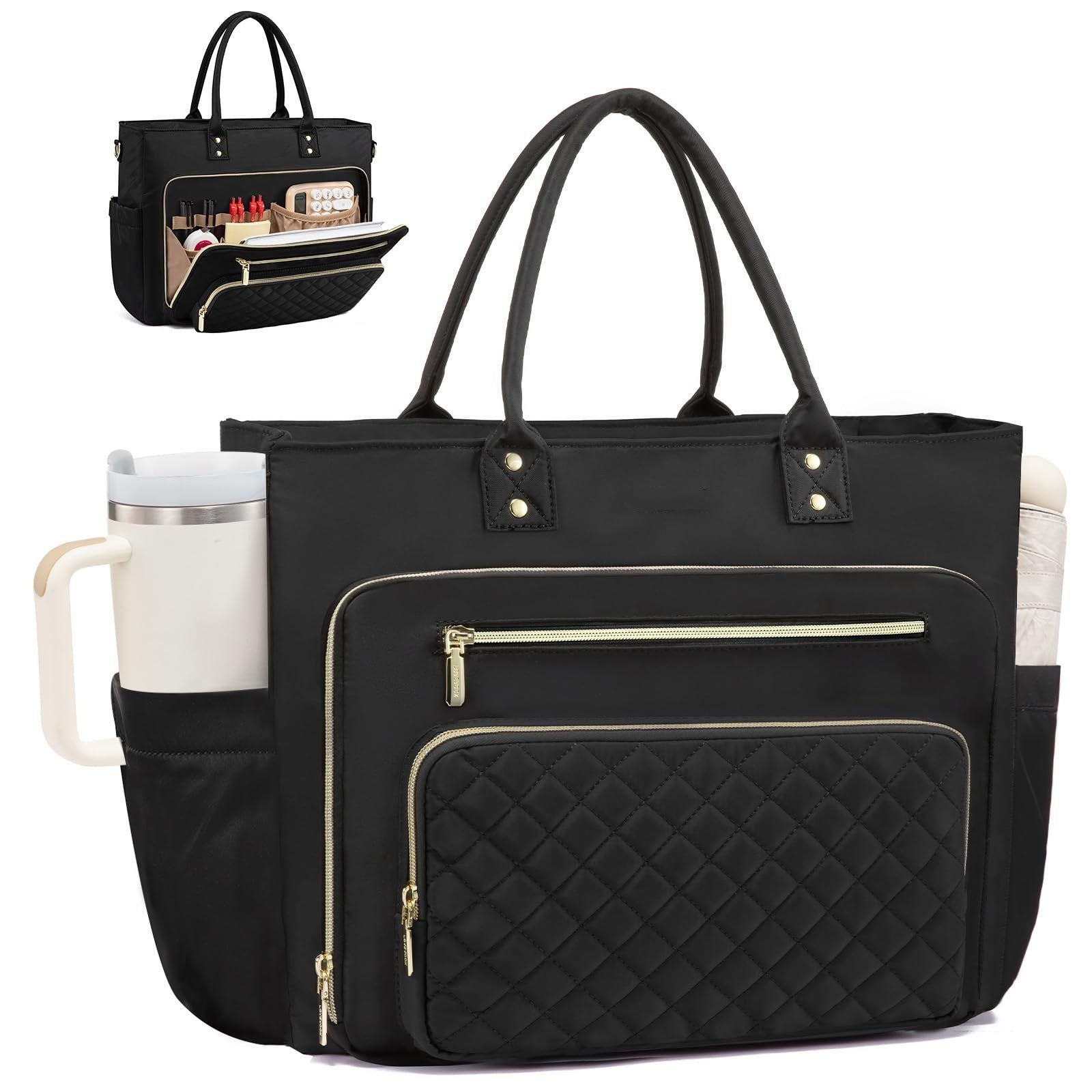 Women's Travel Work Bag with Large Cup Holder - Expandable Lightweight Tote