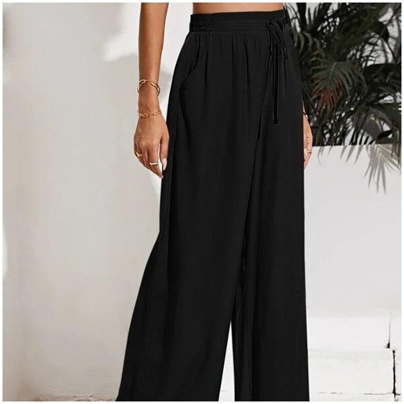 Elevated Solid Color High-Waisted Tie-Up Wide-Leg Trousers