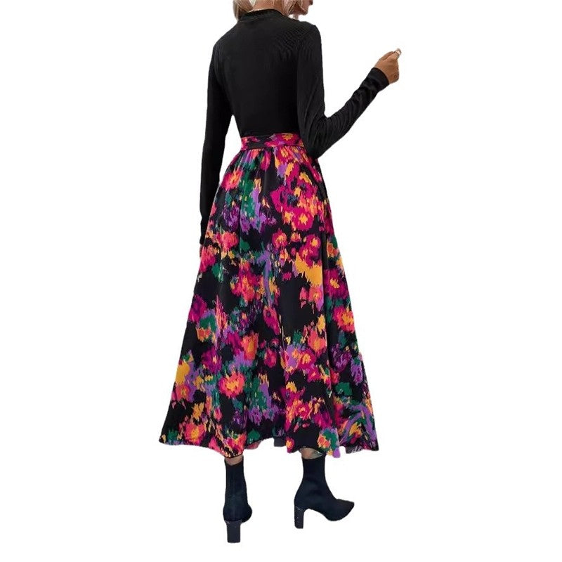 Long Sleeve Stand Collar Floral Printed Patchwork A-Line Tied Maxi Dress