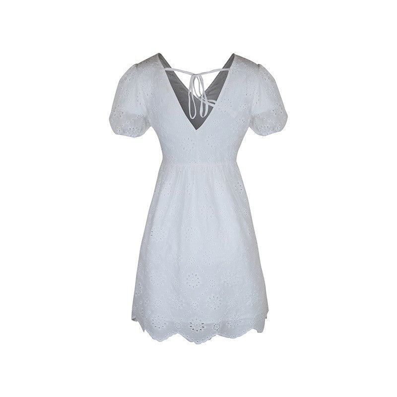 Stylish V-Neck Bubble Sleeve White Dress