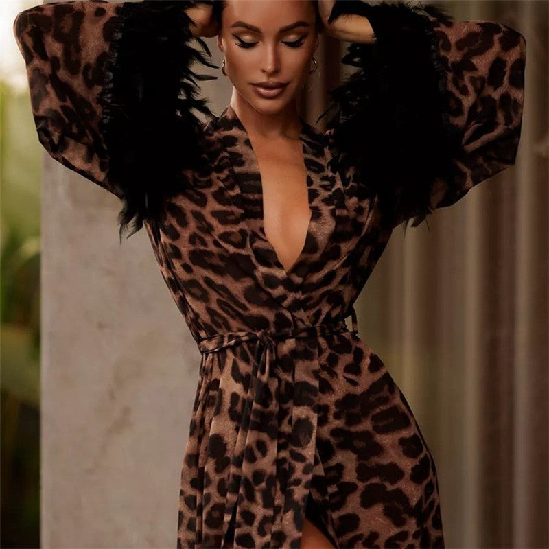 Leopard Print Feather Patchwork V-Neck Long Robe
