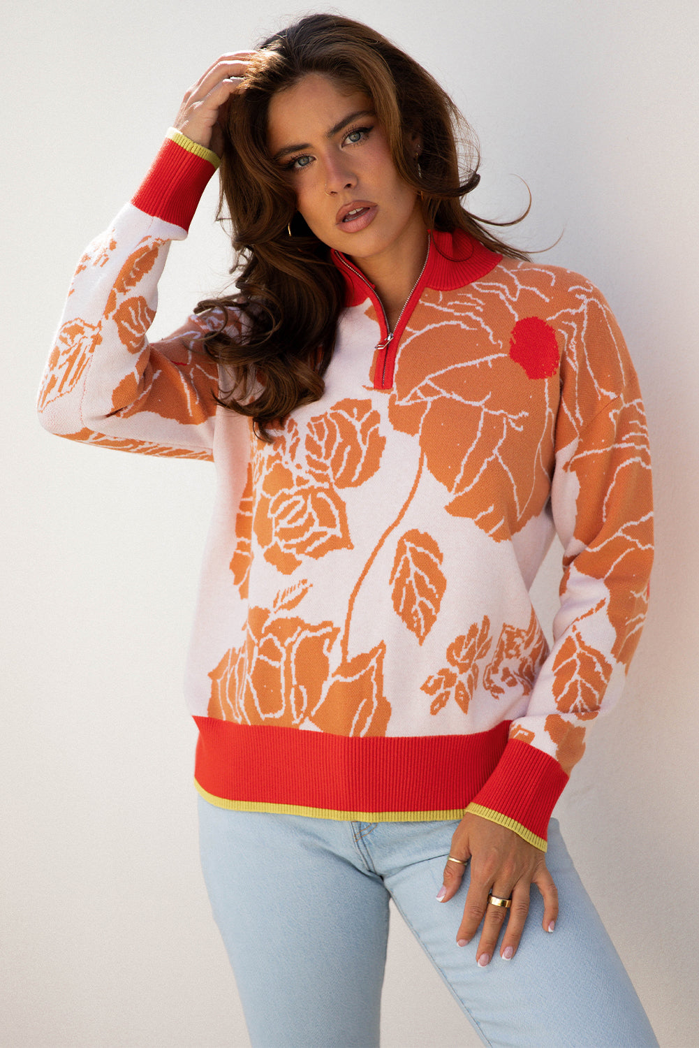 Khaki Floral Half Zip Collared Pullover Sweater
