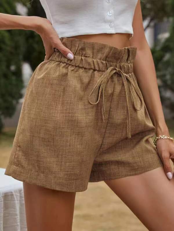 High Waisted Loose Drawstring Elasticity Pleated Solid Color Shorts Bottoms