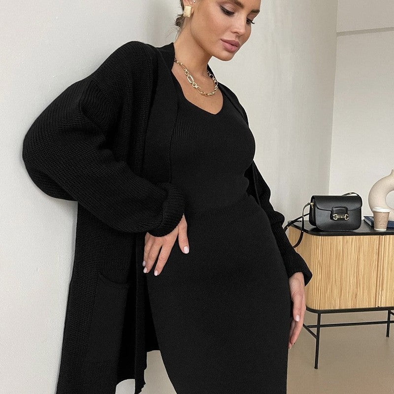 Two-Piece Solid Color Long Sleeve Sweater Cardigan and Skirt Set
