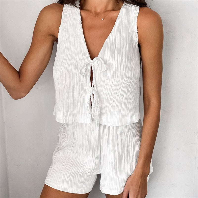 Monochrome Sleeveless Cardigan with Shorts - Pajama Set
