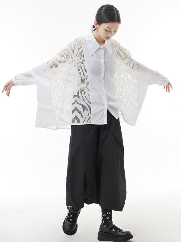 Urban See-Through Lace Split-Joint Lapel Blouse