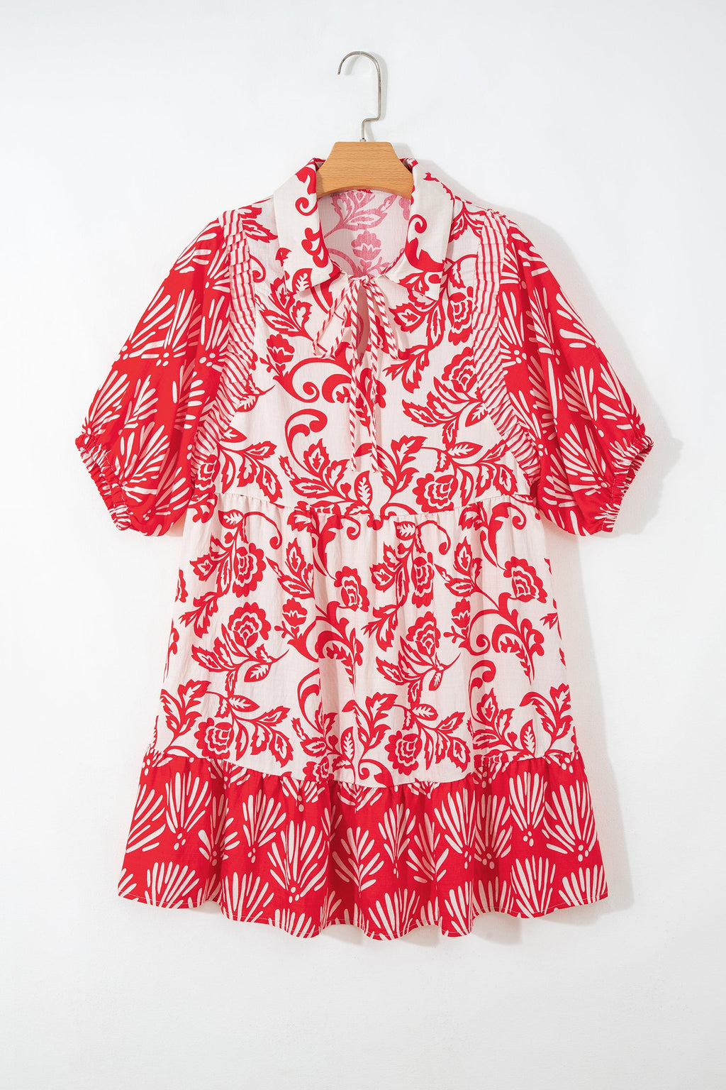 Red Collared V Neck Half Sleeve Loose Flower Mini Dress