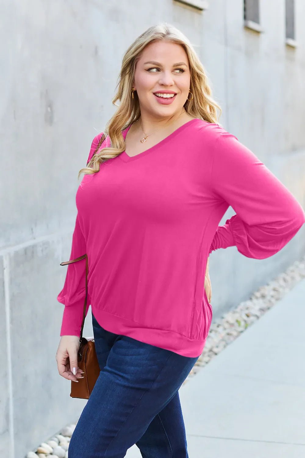 Full Size V-Neck Lantern Sleeve Top