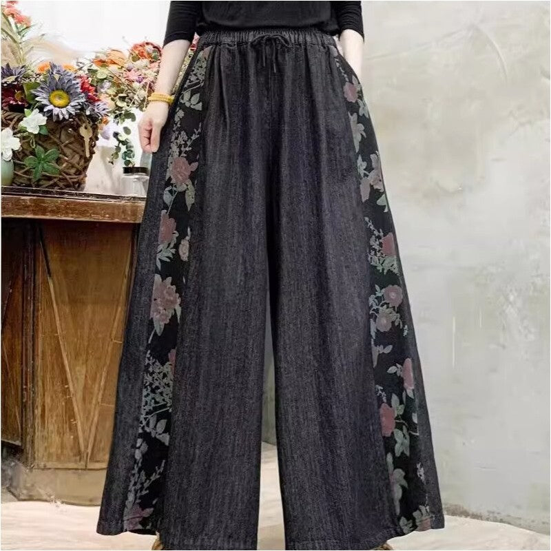 High Waisted Tie-Waist Wide Leg Pants With Floral Print
