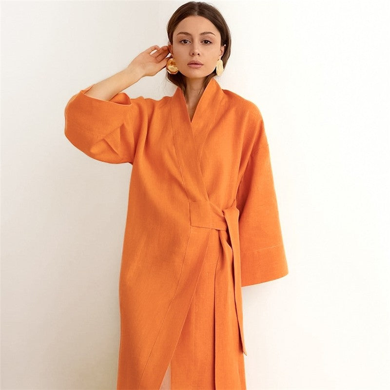 Flowy Cotton Linen Long Pajamas for Women in Solid Colors