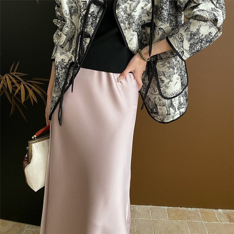 High-Waisted Satin Mermaid Midi Skirt with Draped Slit