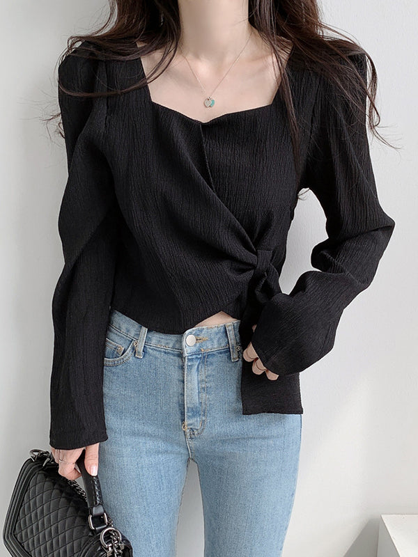 Original Solid Color Square-Neck Long Sleeves Tied Blouse