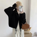 Solid Color Long Sleeve Zipper Drawstring Hemline Knitted Cardigan Sweater